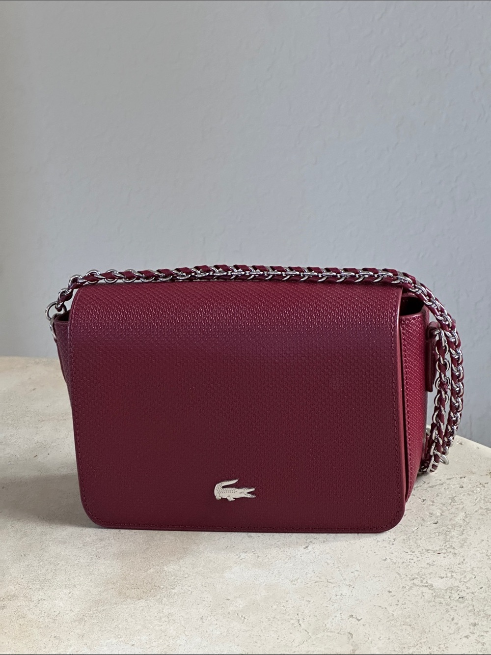 Lacoste Women's Crossbody Bag in Burgundy with Silver Chain
